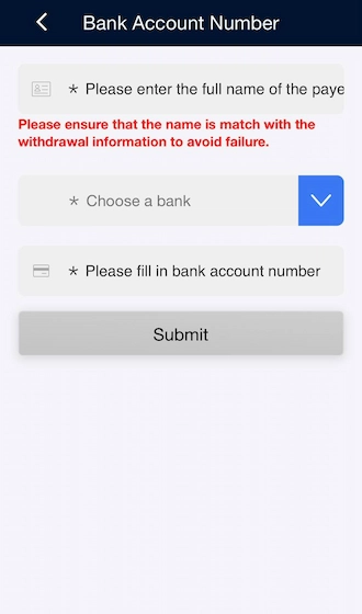 Step 2: Enter the bank account holder's name, and select a bank, account number.
